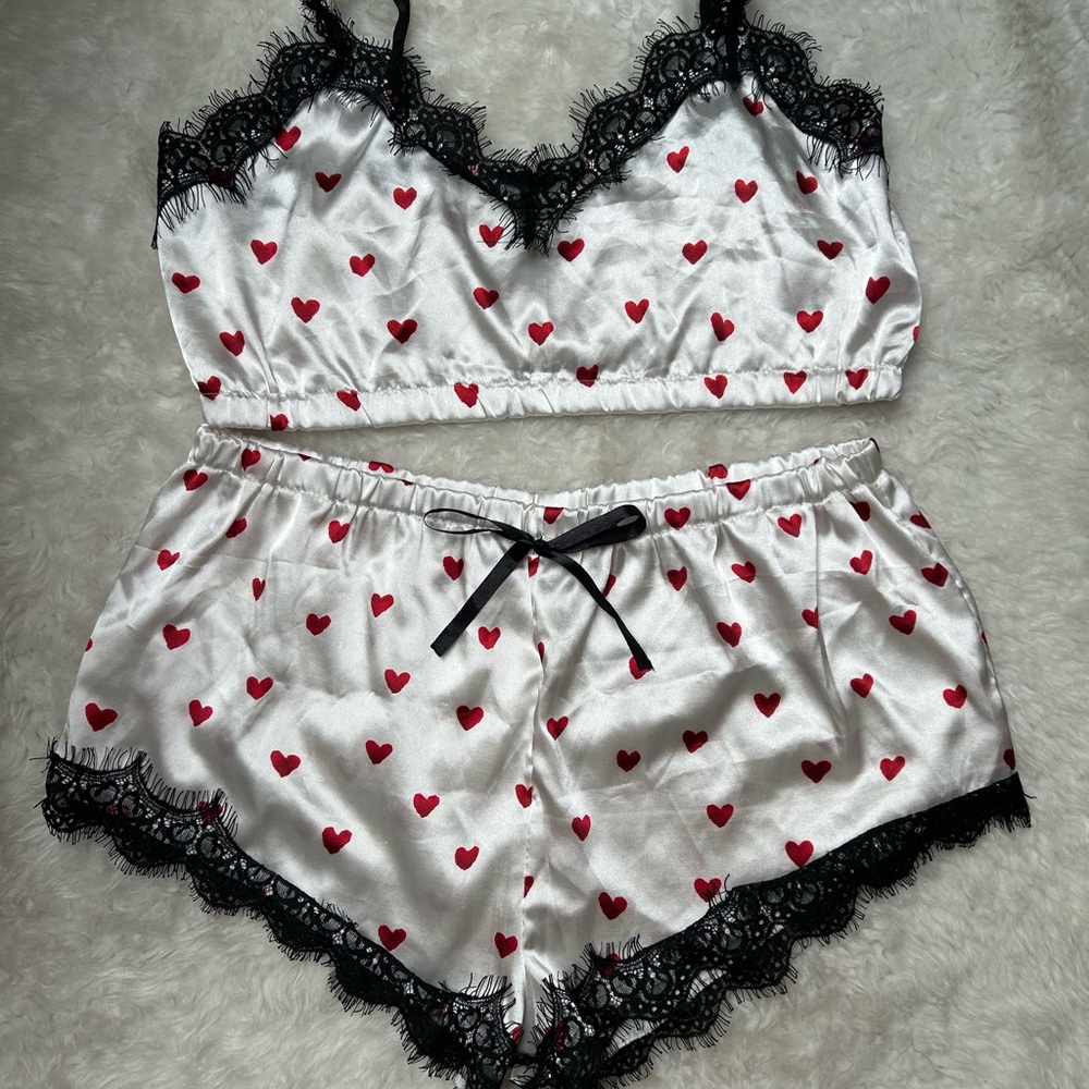 Heart Print Satin Sleepwear Set